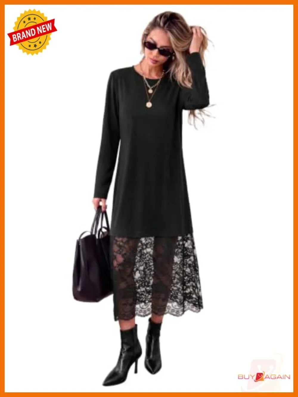 Midi Dress Long Sleeve Lace Patchwork Fall Wedding Guest